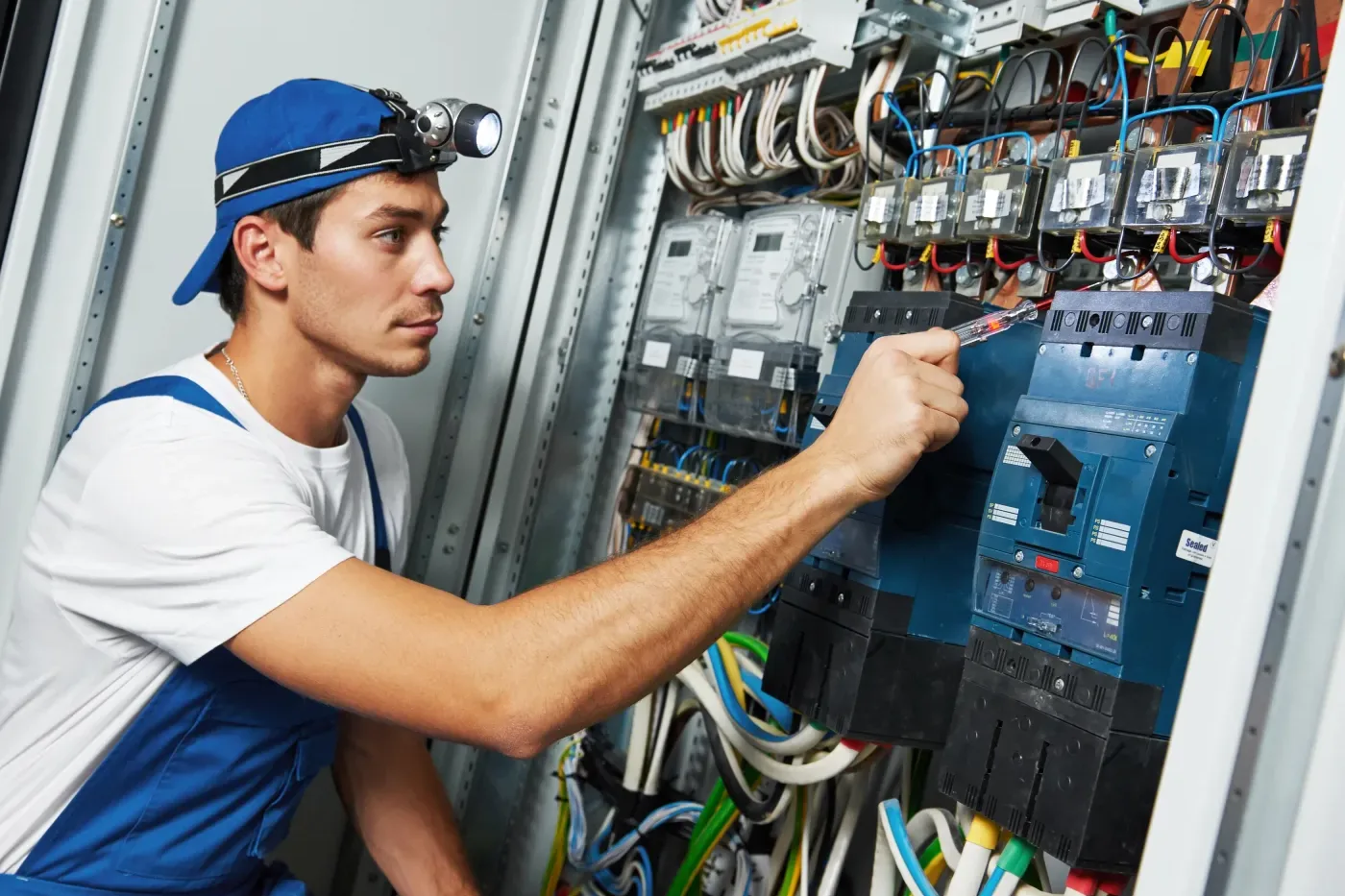 Électricien testant les protections d'un tableau à Massy
